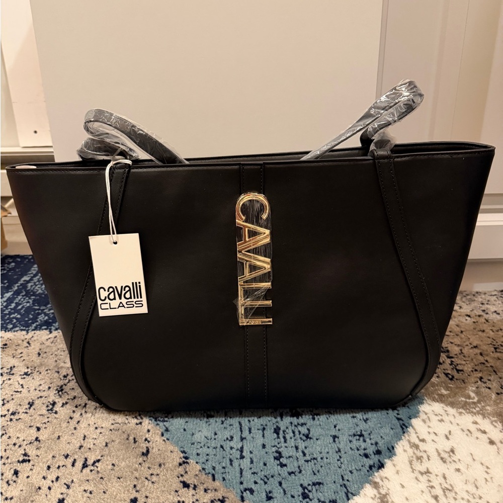 New with tags Cavalli Class Black Tote with Gold Accents
